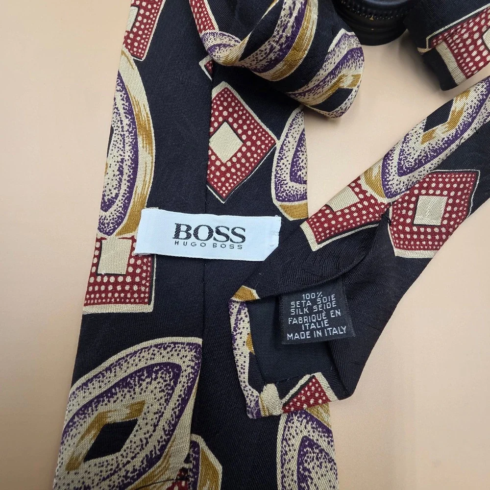 Vintage Boss Mens Silk Necktie Geometric Abstract Purple Gold Navy Made in Italy